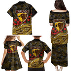 Hawthorn Hawks ANZAC Day Family Matching Puletasi and Hawaiian Shirt Indigenous Dot Art with Poppy Flower Tribute