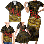 Hawthorn Hawks ANZAC Day Family Matching Short Sleeve Bodycon Dress and Hawaiian Shirt Indigenous Dot Art with Poppy Flower Tribute