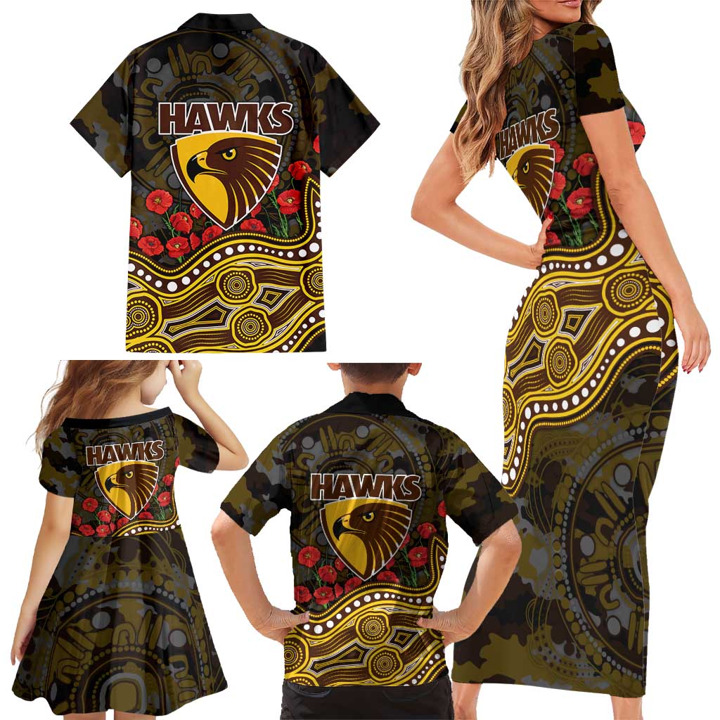 Hawthorn Hawks ANZAC Day Family Matching Short Sleeve Bodycon Dress and Hawaiian Shirt Indigenous Dot Art with Poppy Flower Tribute