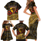 Hawthorn Hawks ANZAC Day Family Matching Short Sleeve Bodycon Dress and Hawaiian Shirt Indigenous Dot Art with Poppy Flower Tribute