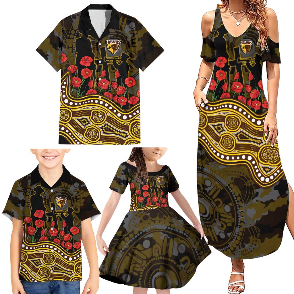 Hawthorn Hawks ANZAC Day Family Matching Summer Maxi Dress and Hawaiian Shirt Indigenous Dot Art with Poppy Flower Tribute