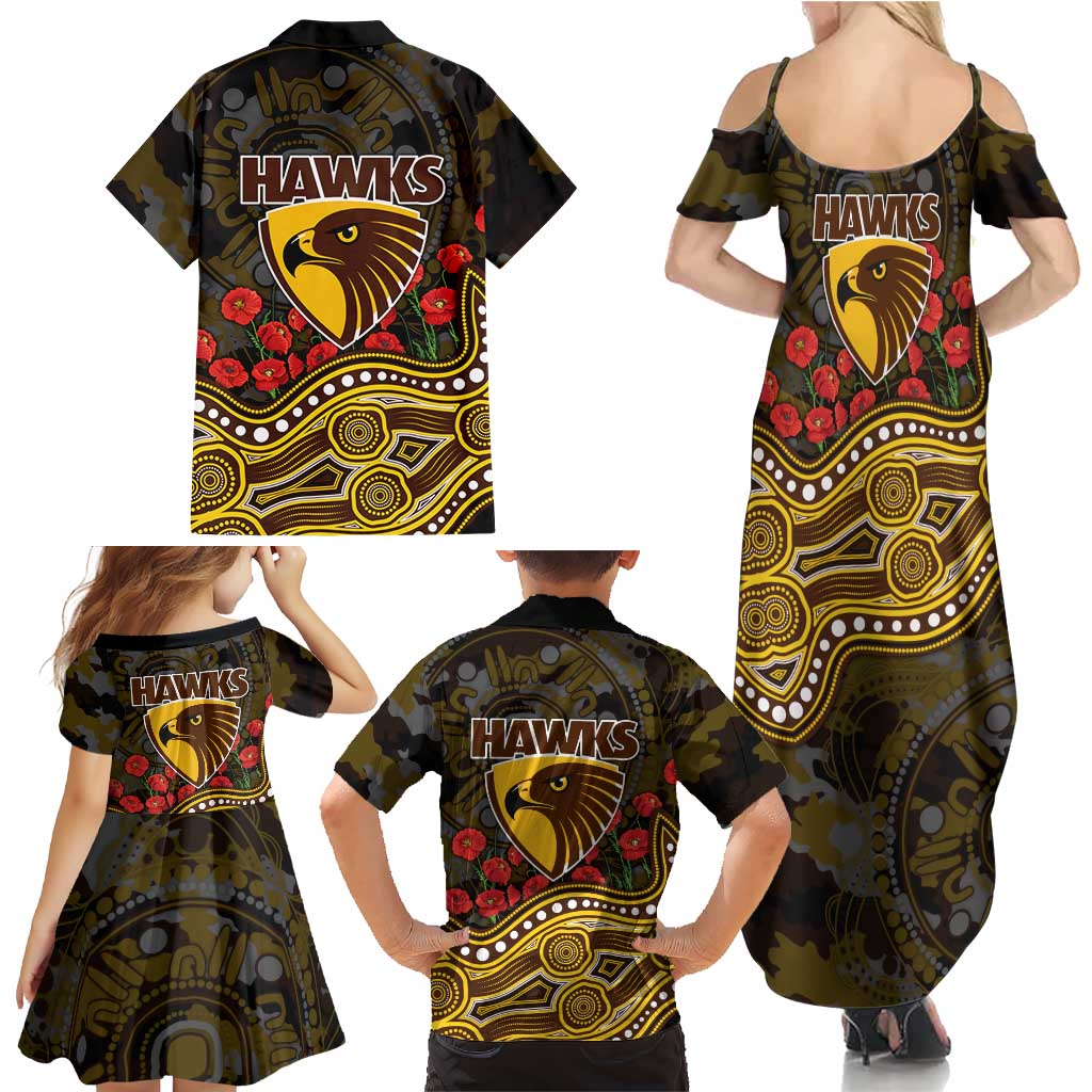 Hawthorn Hawks ANZAC Day Family Matching Summer Maxi Dress and Hawaiian Shirt Indigenous Dot Art with Poppy Flower Tribute