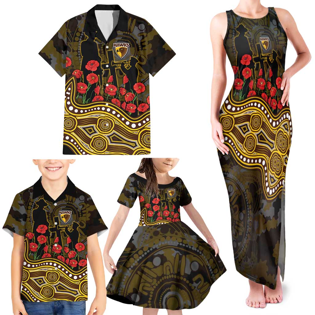 Hawthorn Hawks ANZAC Day Family Matching Tank Maxi Dress and Hawaiian Shirt Indigenous Dot Art with Poppy Flower Tribute
