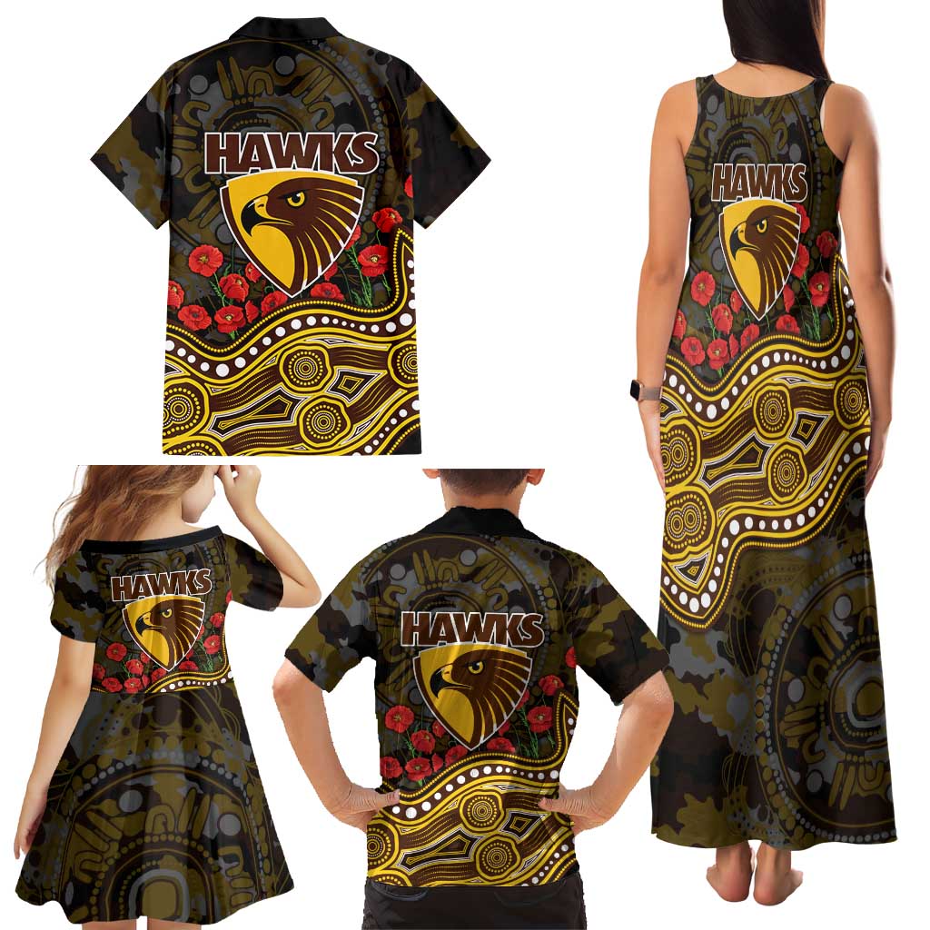 Hawthorn Hawks ANZAC Day Family Matching Tank Maxi Dress and Hawaiian Shirt Indigenous Dot Art with Poppy Flower Tribute