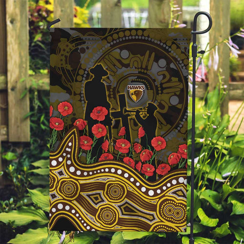 Hawthorn Hawks ANZAC Day Garden Flag Indigenous Dot Art with Poppy Flower Tribute