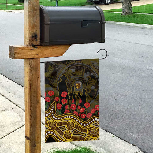 Hawthorn Hawks ANZAC Day Garden Flag Indigenous Dot Art with Poppy Flower Tribute
