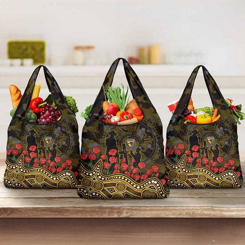 Hawthorn Hawks ANZAC Day Grocery Bag Indigenous Dot Art with Poppy Flower Tribute