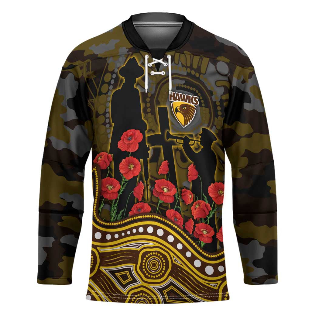 Hawthorn Hawks ANZAC Day Hockey Jersey Indigenous Dot Art with Poppy Flower Tribute