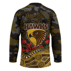 Hawthorn Hawks ANZAC Day Hockey Jersey Indigenous Dot Art with Poppy Flower Tribute