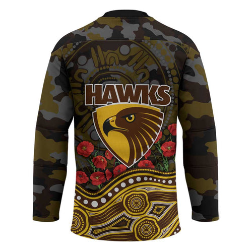 Hawthorn Hawks ANZAC Day Hockey Jersey Indigenous Dot Art with Poppy Flower Tribute