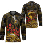 Hawthorn Hawks ANZAC Day Hockey Jersey Indigenous Dot Art with Poppy Flower Tribute