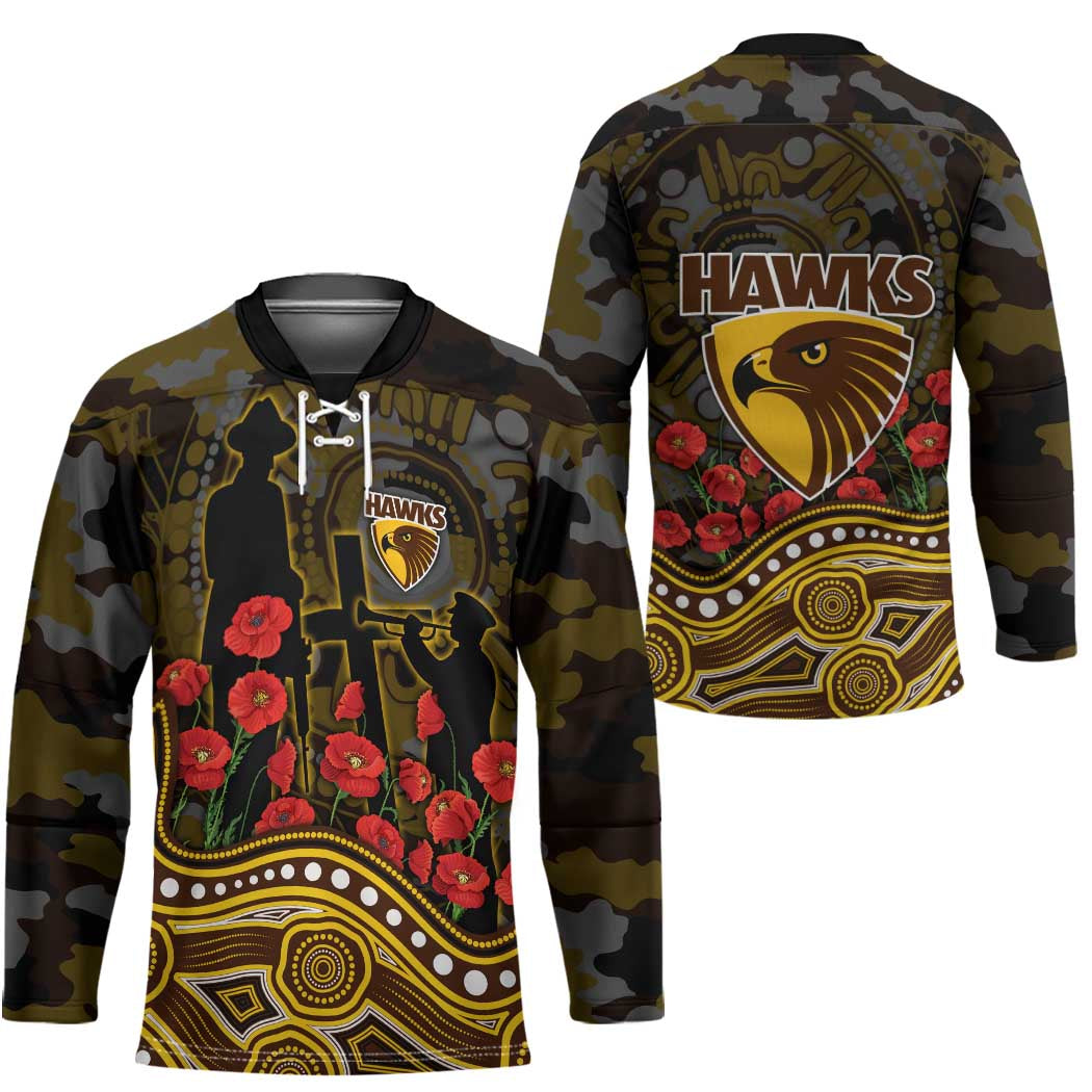 Hawthorn Hawks ANZAC Day Hockey Jersey Indigenous Dot Art with Poppy Flower Tribute