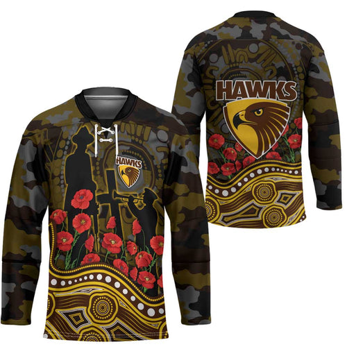 Hawthorn Hawks ANZAC Day Hockey Jersey Indigenous Dot Art with Poppy Flower Tribute