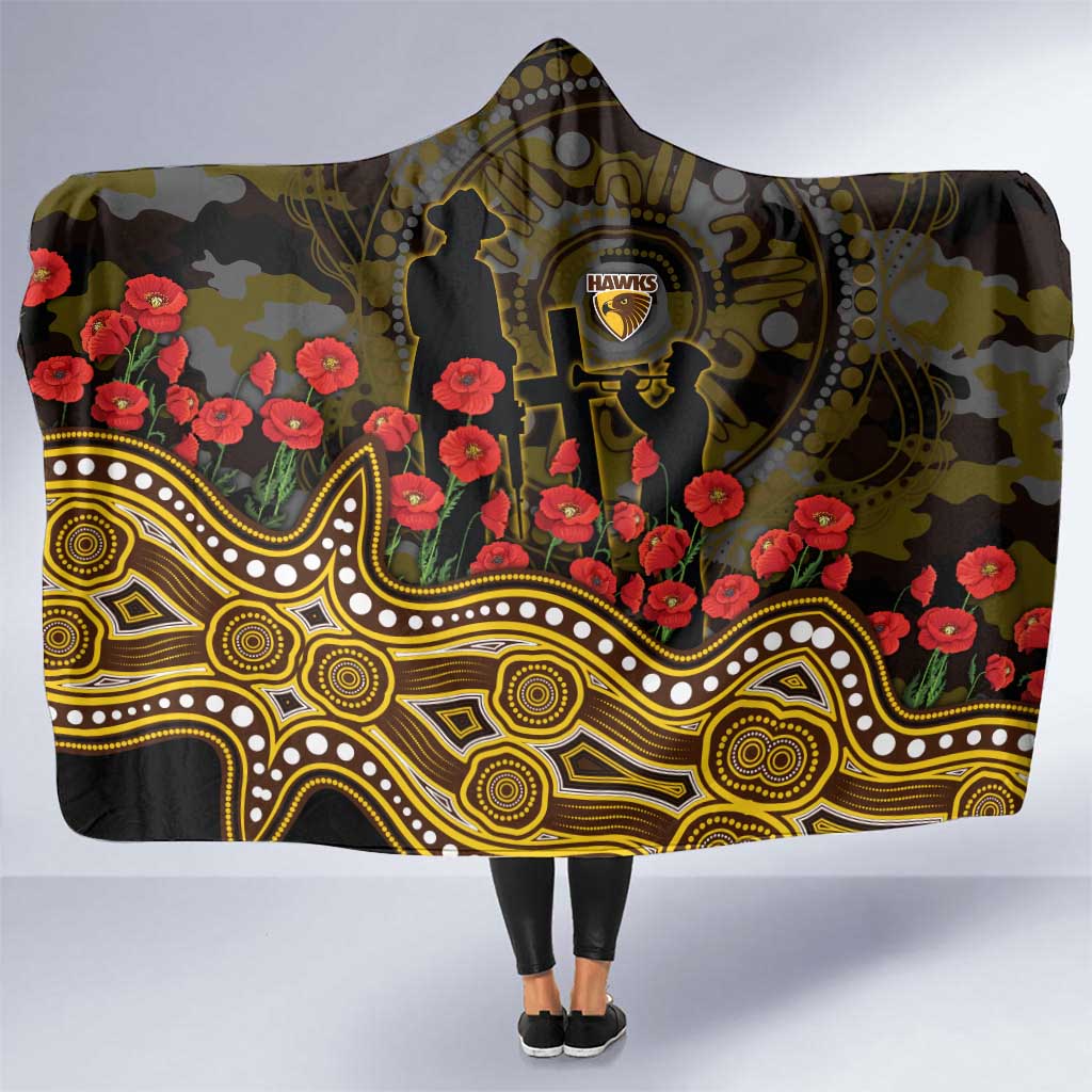 Hawthorn Hawks ANZAC Day Hooded Blanket Indigenous Dot Art with Poppy Flower Tribute