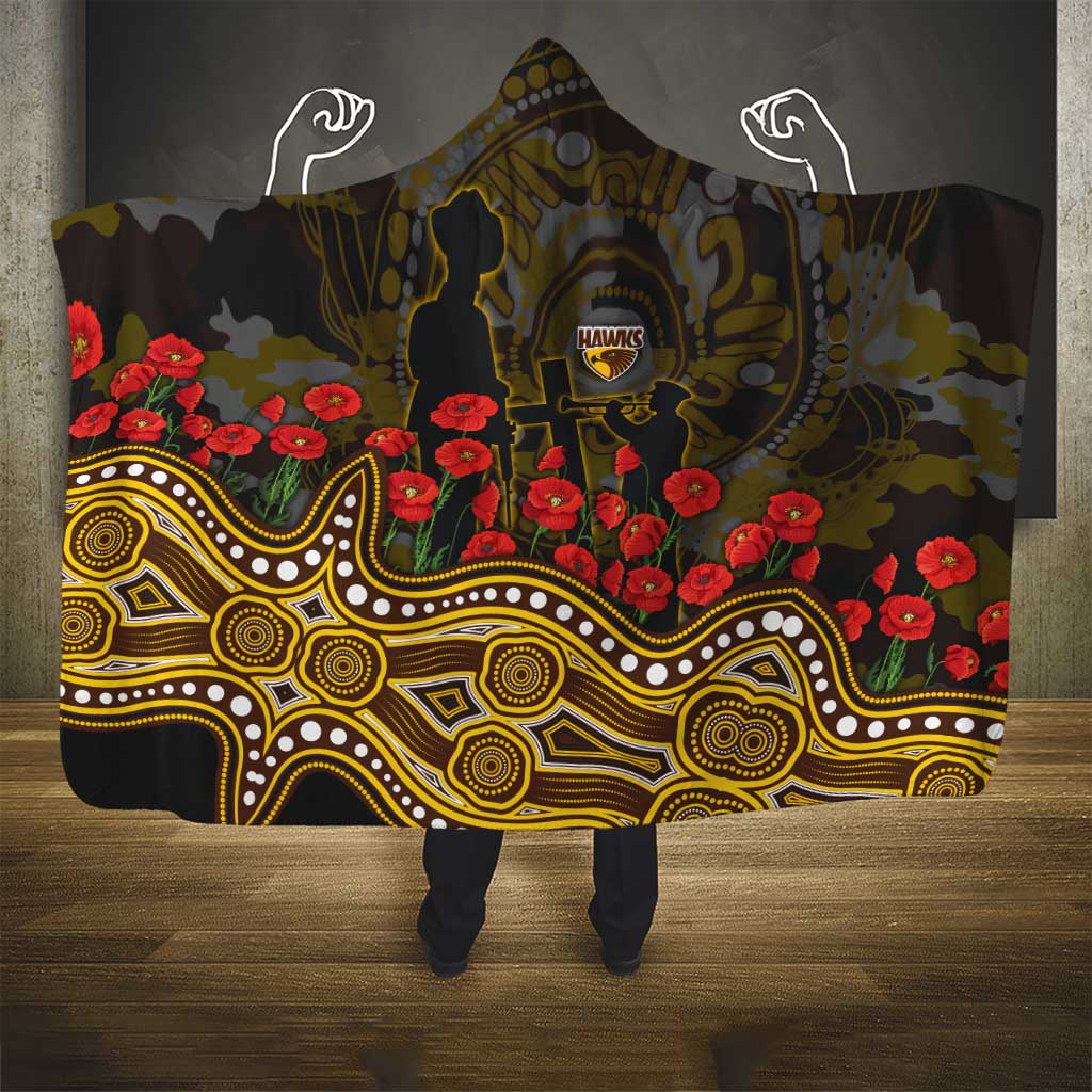 Hawthorn Hawks ANZAC Day Hooded Blanket Indigenous Dot Art with Poppy Flower Tribute