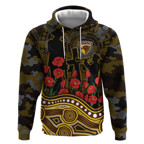 Hawthorn Hawks ANZAC Day Hoodie Indigenous Dot Art with Poppy Flower Tribute