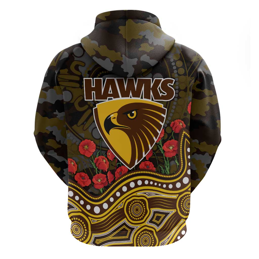 Hawthorn Hawks ANZAC Day Hoodie Indigenous Dot Art with Poppy Flower Tribute
