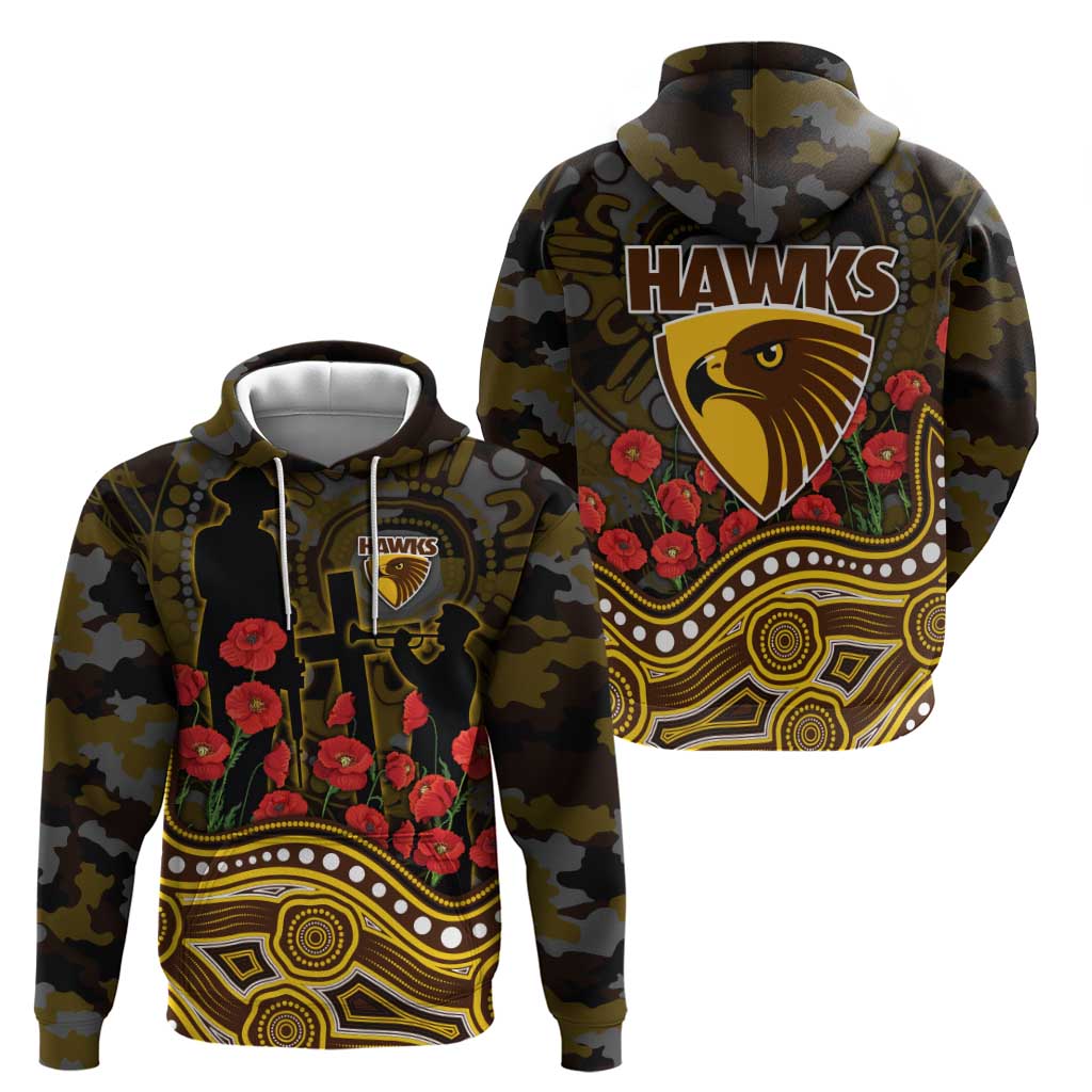 Hawthorn Hawks ANZAC Day Hoodie Indigenous Dot Art with Poppy Flower Tribute