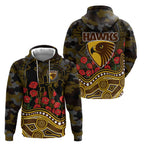 Hawthorn Hawks ANZAC Day Hoodie Indigenous Dot Art with Poppy Flower Tribute