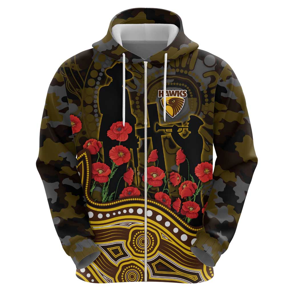 Hawthorn Hawks ANZAC Day Hoodie Indigenous Dot Art with Poppy Flower Tribute