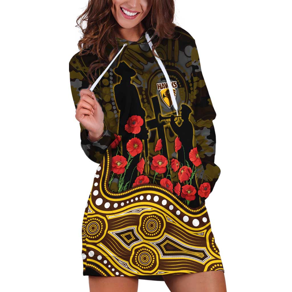 Hawthorn Hawks ANZAC Day Hoodie Dress Indigenous Dot Art with Poppy Flower Tribute