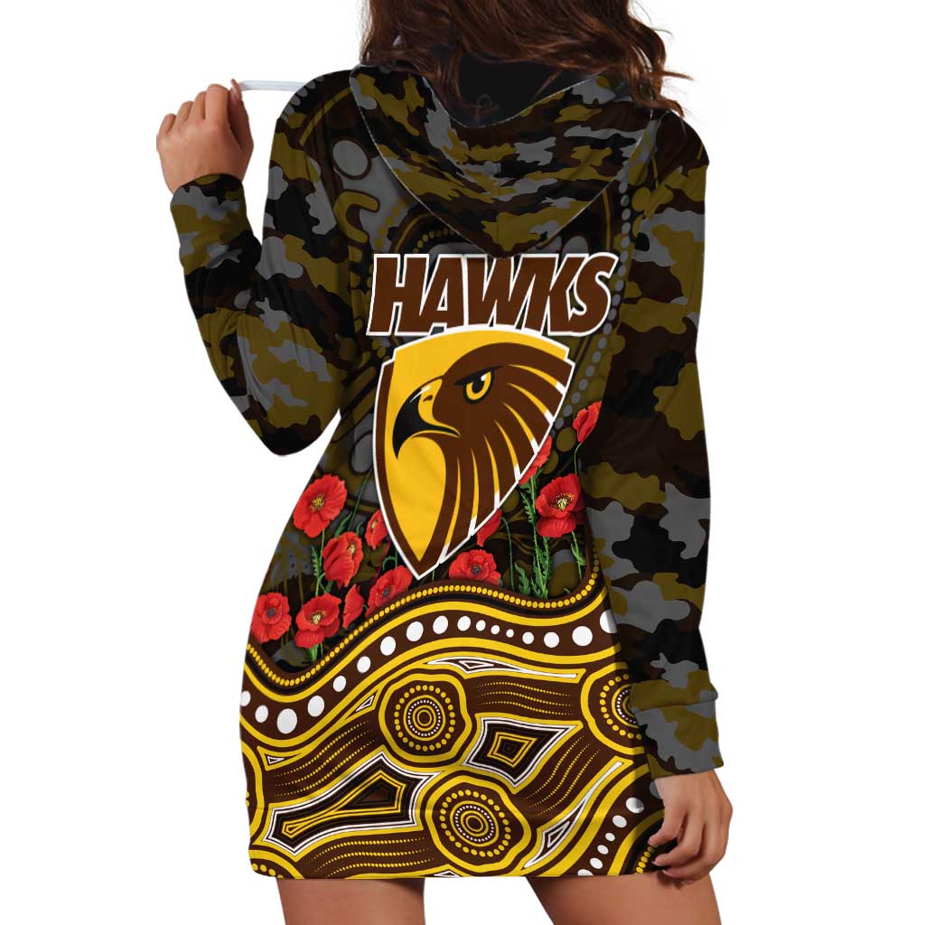 Hawthorn Hawks ANZAC Day Hoodie Dress Indigenous Dot Art with Poppy Flower Tribute
