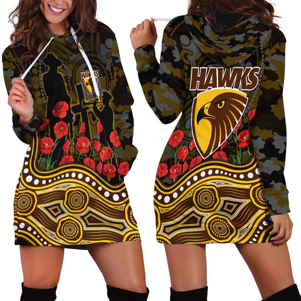 Hawthorn Hawks ANZAC Day Hoodie Dress Indigenous Dot Art with Poppy Flower Tribute