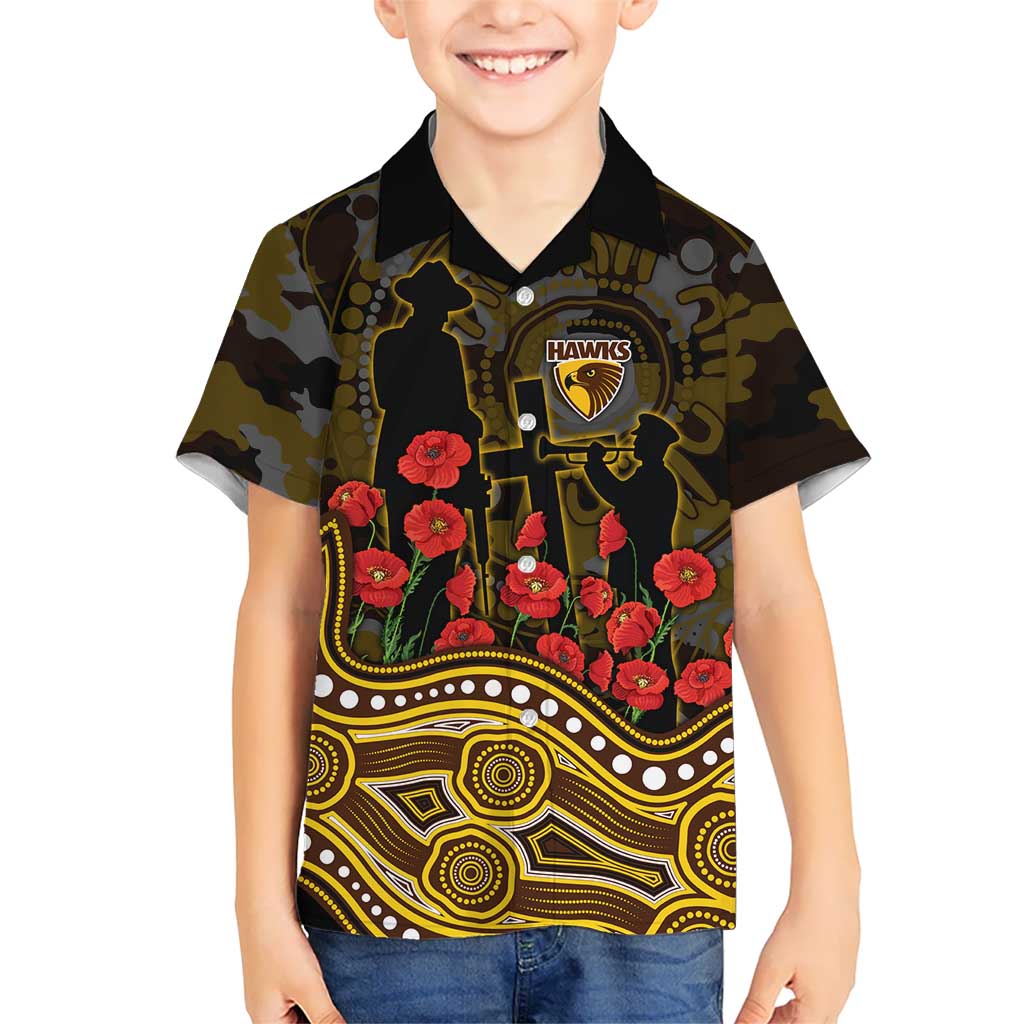 Hawthorn Hawks ANZAC Day Kid Hawaiian Shirt Indigenous Dot Art with Poppy Flower Tribute