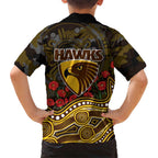 Hawthorn Hawks ANZAC Day Kid Hawaiian Shirt Indigenous Dot Art with Poppy Flower Tribute