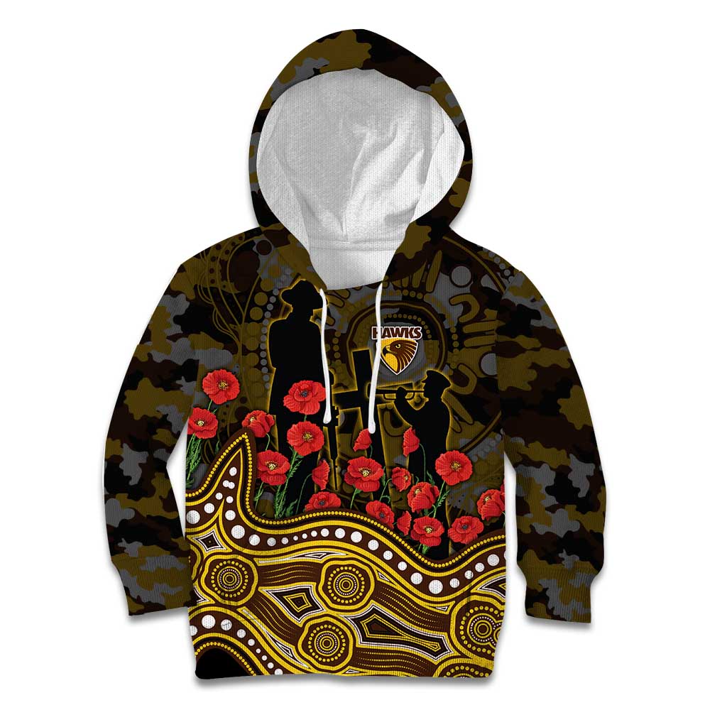 Hawthorn Hawks ANZAC Day Kid Hoodie Indigenous Dot Art with Poppy Flower Tribute