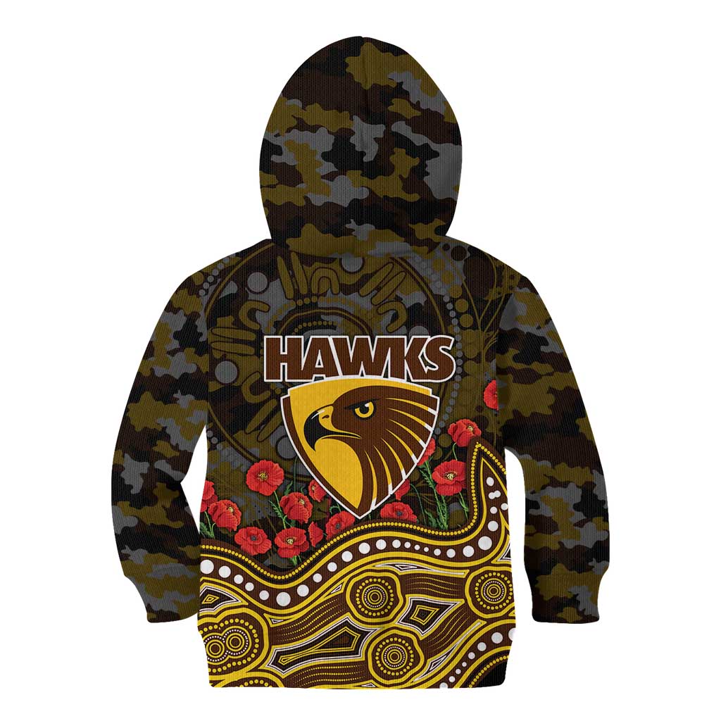 Hawthorn Hawks ANZAC Day Kid Hoodie Indigenous Dot Art with Poppy Flower Tribute