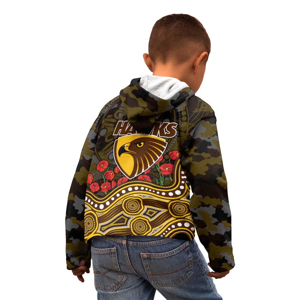 Hawthorn Hawks ANZAC Day Kid Hoodie Indigenous Dot Art with Poppy Flower Tribute