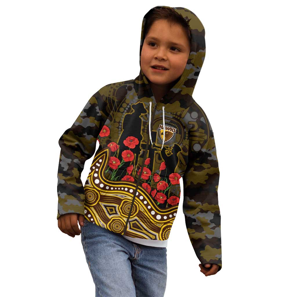 Hawthorn Hawks ANZAC Day Kid Hoodie Indigenous Dot Art with Poppy Flower Tribute