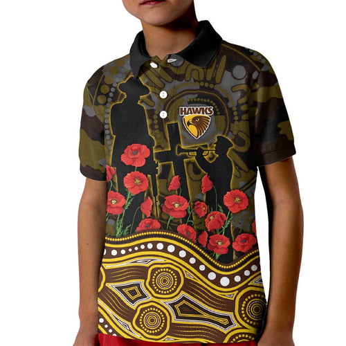 Hawthorn Hawks ANZAC Day Kid Polo Shirt Indigenous Dot Art with Poppy Flower Tribute