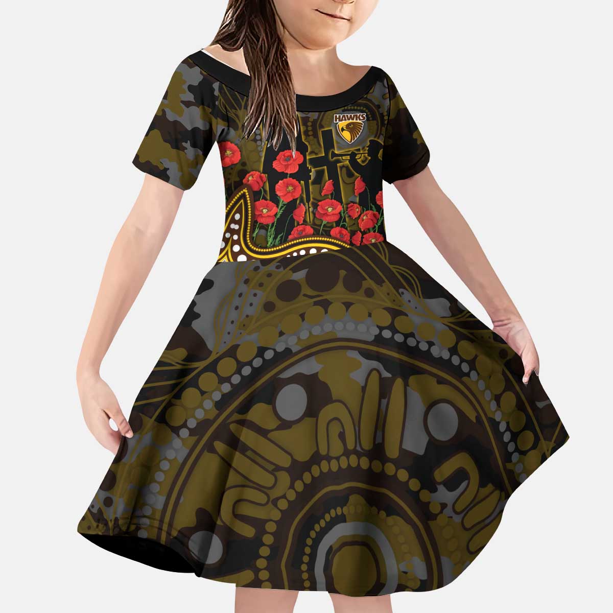 Hawthorn Hawks ANZAC Day Kid Short Sleeve Dress Indigenous Dot Art with Poppy Flower Tribute