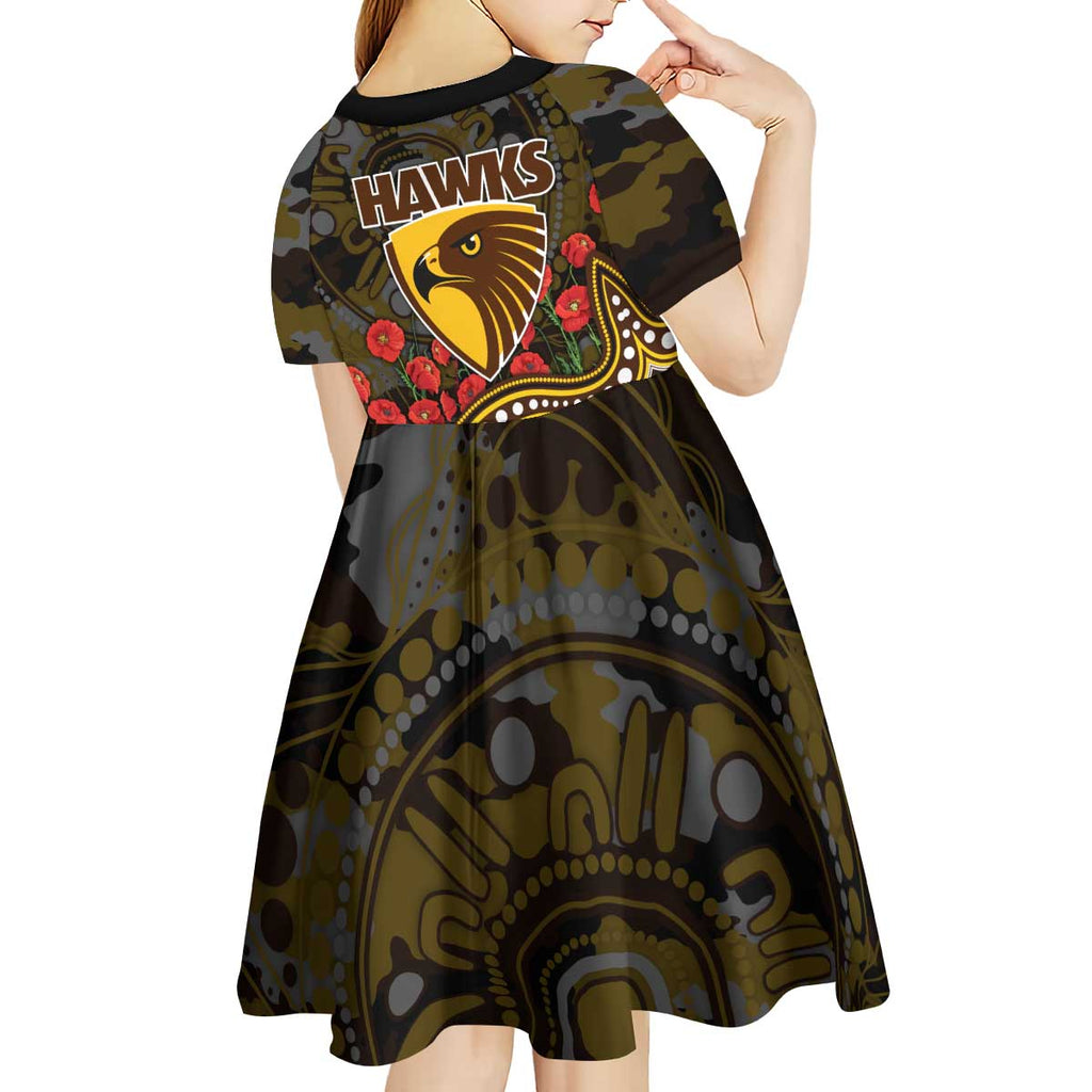 Hawthorn Hawks ANZAC Day Kid Short Sleeve Dress Indigenous Dot Art with Poppy Flower Tribute