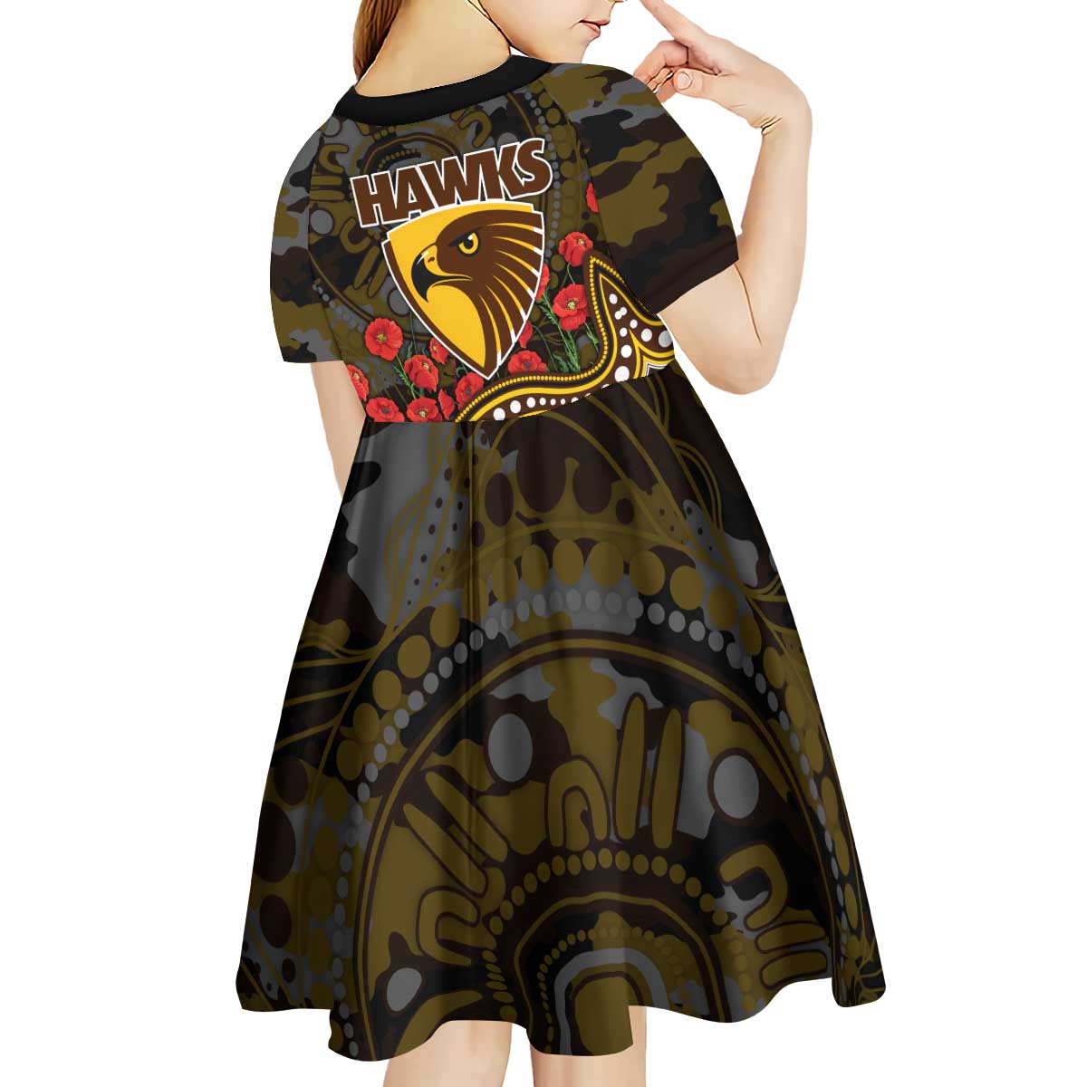 Hawthorn Hawks ANZAC Day Kid Short Sleeve Dress Indigenous Dot Art with Poppy Flower Tribute