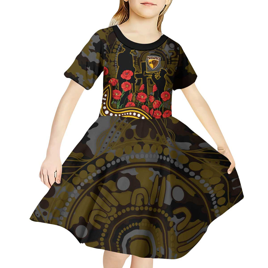 Hawthorn Hawks ANZAC Day Kid Short Sleeve Dress Indigenous Dot Art with Poppy Flower Tribute