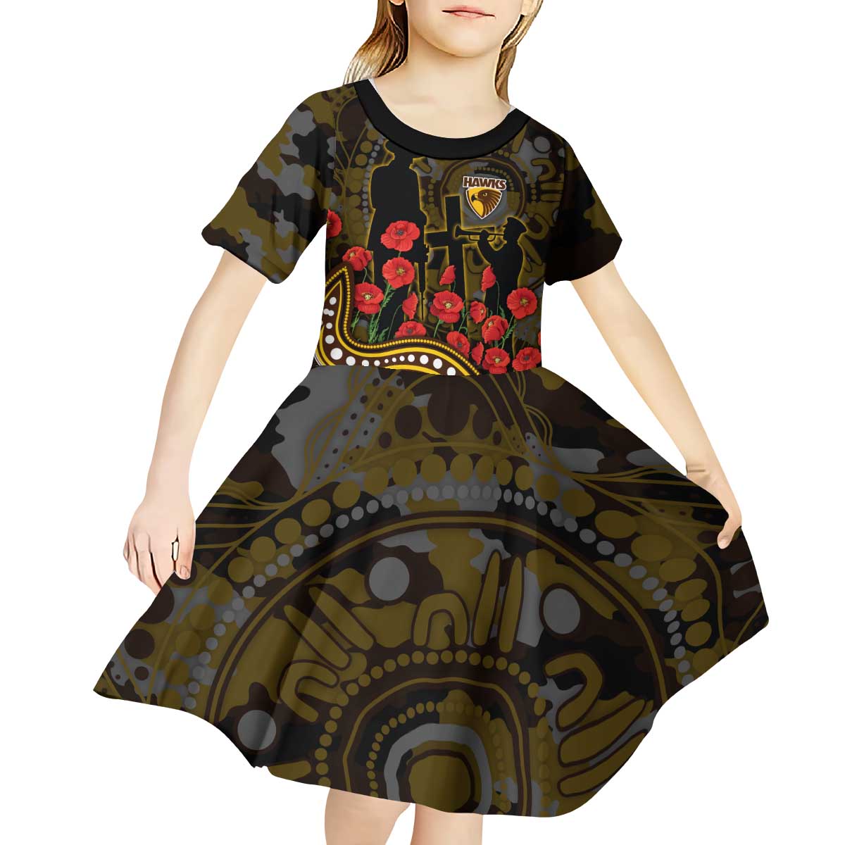 Hawthorn Hawks ANZAC Day Kid Short Sleeve Dress Indigenous Dot Art with Poppy Flower Tribute