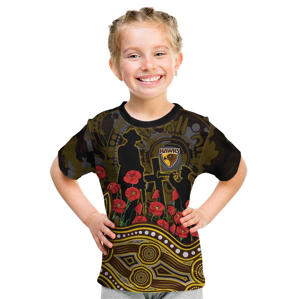 Hawthorn Hawks ANZAC Day Kid T Shirt Indigenous Dot Art with Poppy Flower Tribute