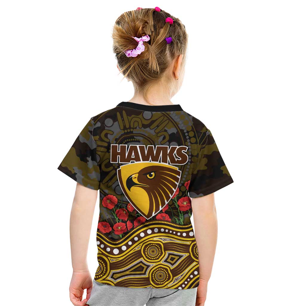 Hawthorn Hawks ANZAC Day Kid T Shirt Indigenous Dot Art with Poppy Flower Tribute