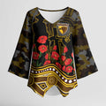 Hawthorn Hawks ANZAC Day Kimono Sleeve Blouse Indigenous Dot Art with Poppy Flower Tribute