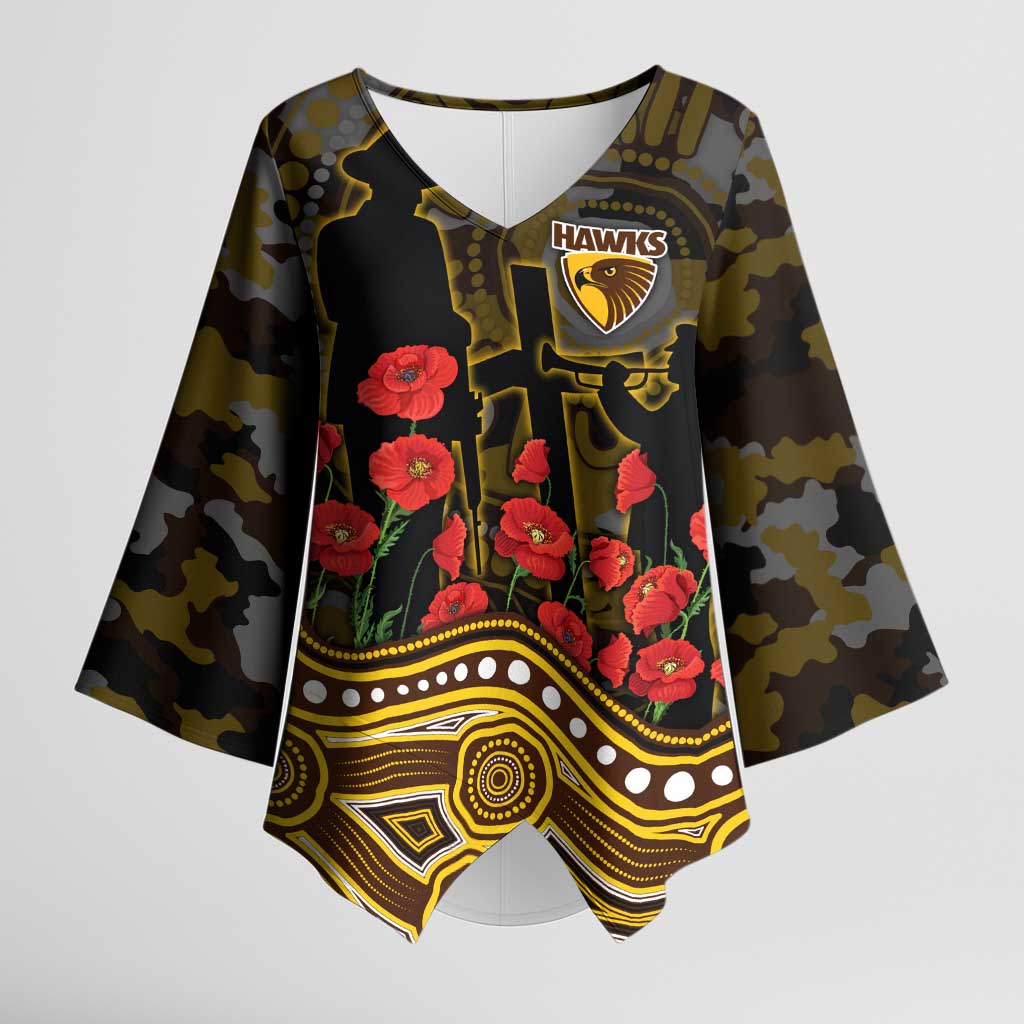 Hawthorn Hawks ANZAC Day Kimono Sleeve Blouse Indigenous Dot Art with Poppy Flower Tribute