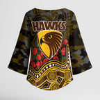 Hawthorn Hawks ANZAC Day Kimono Sleeve Blouse Indigenous Dot Art with Poppy Flower Tribute