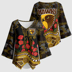 Hawthorn Hawks ANZAC Day Kimono Sleeve Blouse Indigenous Dot Art with Poppy Flower Tribute