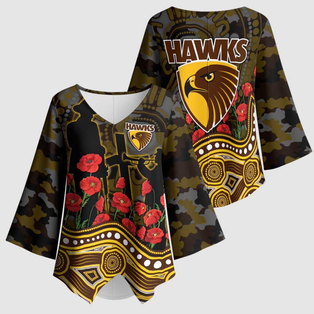Hawthorn Hawks ANZAC Day Kimono Sleeve Blouse Indigenous Dot Art with Poppy Flower Tribute