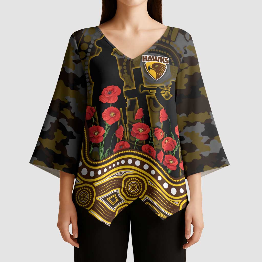 Hawthorn Hawks ANZAC Day Kimono Sleeve Blouse Indigenous Dot Art with Poppy Flower Tribute