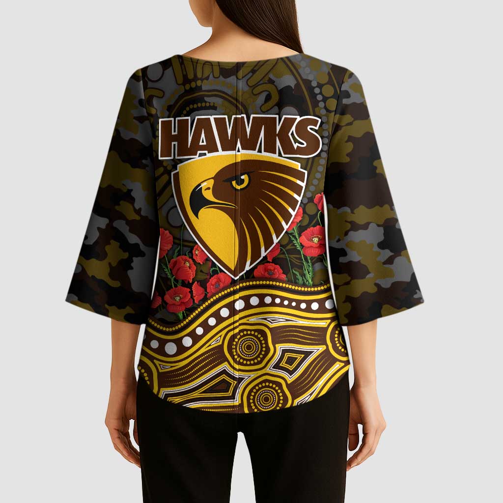Hawthorn Hawks ANZAC Day Kimono Sleeve Blouse Indigenous Dot Art with Poppy Flower Tribute