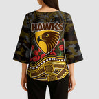 Hawthorn Hawks ANZAC Day Kimono Sleeve Blouse Indigenous Dot Art with Poppy Flower Tribute