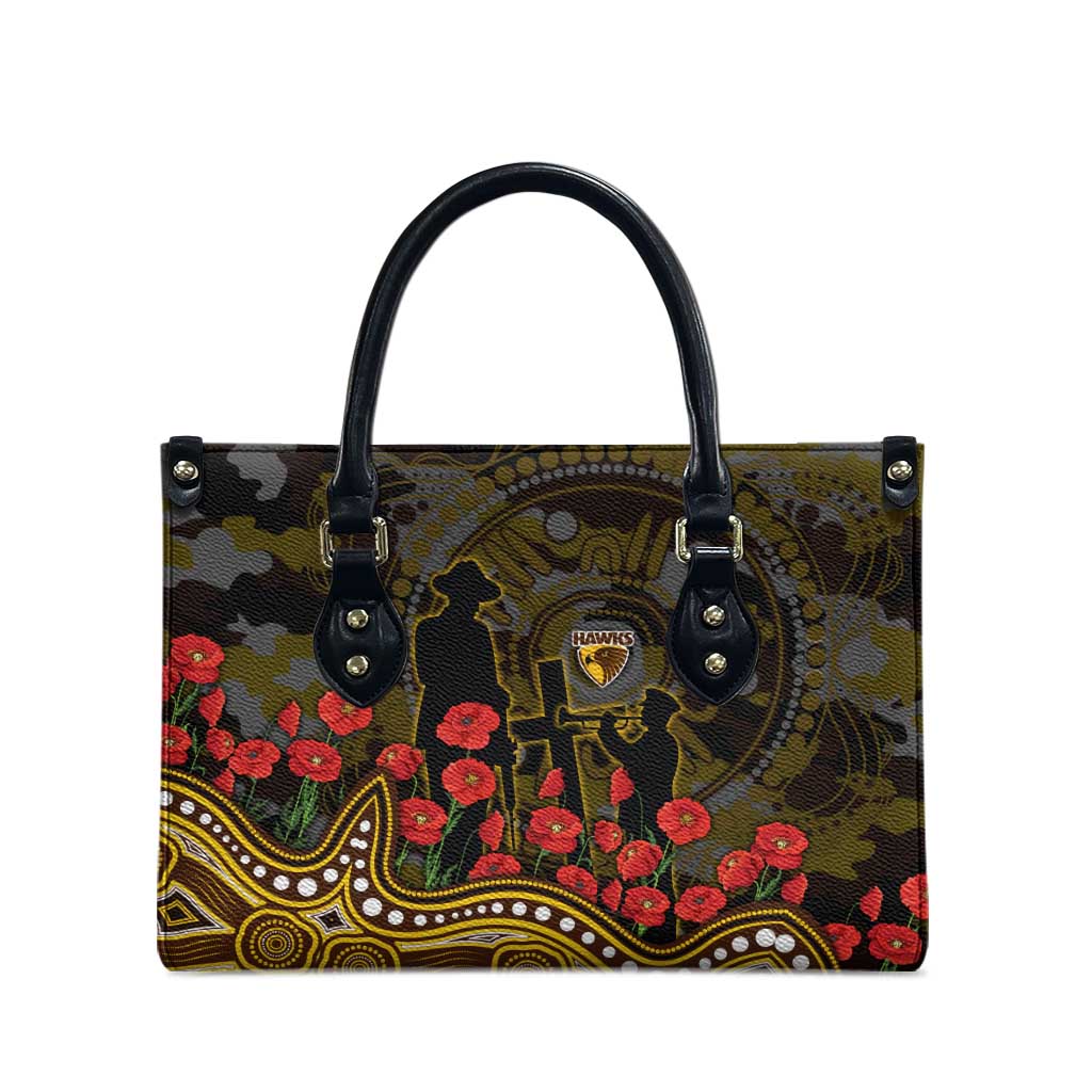 Hawthorn Hawks ANZAC Day Leather Bag Indigenous Dot Art with Poppy Flower Tribute